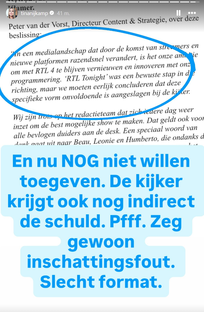 Tina heeft geen goed woord over voor de houding van RTL