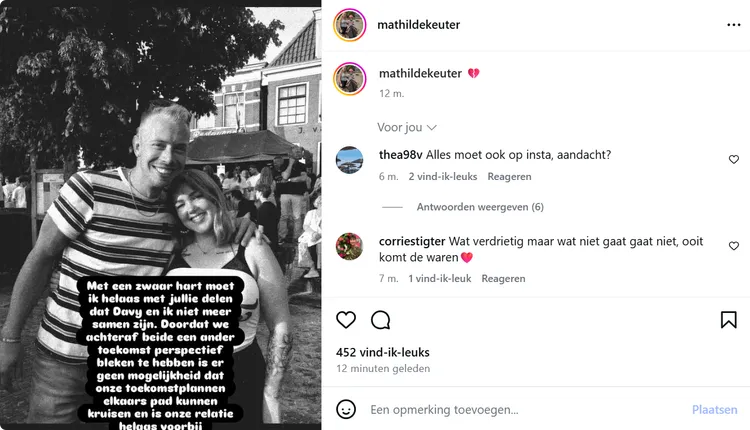 Mathilde en Davy bevestigden de breuk via Instagram