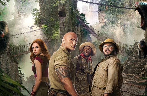 Karen Gillan, Dwayne Johnson, Kevin Hart en Jack Black in Jumanji: The Next Level
