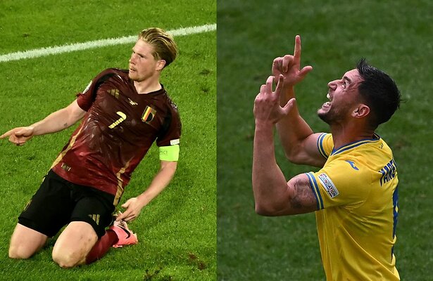Kevin De Bruyne (België) en Roman Yaremchuk (Oekraïne)