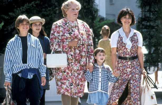 Robin Williams en andere castleden uit Mrs. Doubtfire