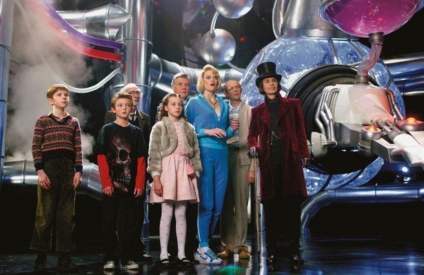 Freddie Highmore, Johnny Depp en overige cast Charlie and the Chocolate Factory