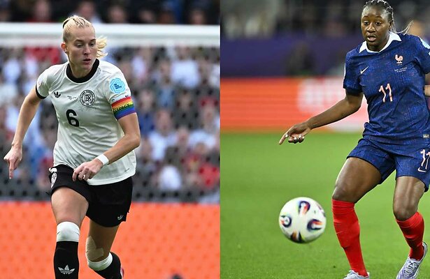 Janina Minge van Duitsland en Kadidiatou Diani van Frankrijk