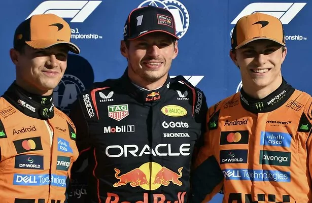 Lando Norris, Max Verstappen en Oscar Piastri