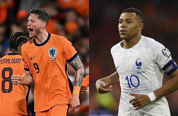 Wout Weghorst (Nederland) en Kylian Mbappé (Frankrijk)