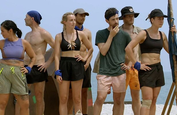 Roberta, Jochen, Iris, Armand, Willem, Guido en Ilse in Expeditie Robinson