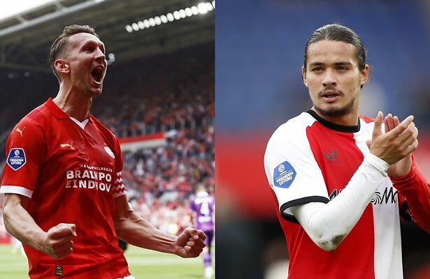 Luuk de Jong (PSV) en Anis Hadj Moussa (Feyenoord)