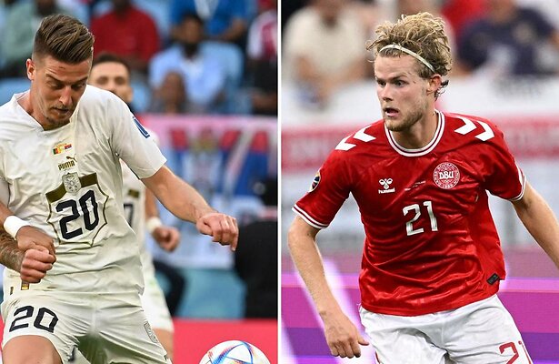 Sergej Milinkovic-Savic van Servië en Morten Hjulmand van Denemarken