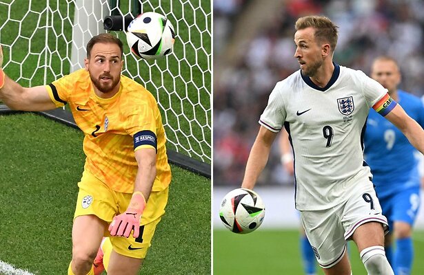 Jan Oblak van Slovenië en Harry Kane van Engeland
