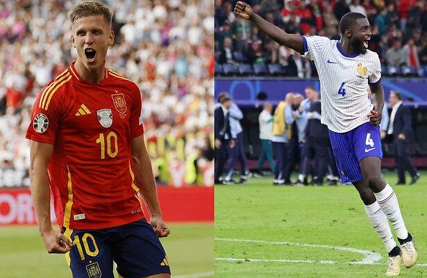 Dani Olmo van Spanje en Dayot Upamecano van Frankrijk