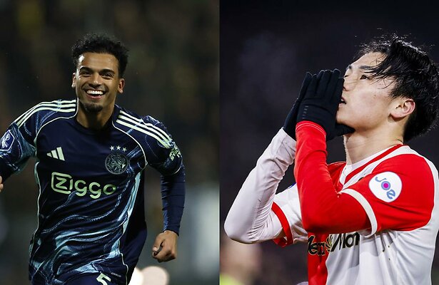 Owen Wijndal (Ajax) en Ayase Ueda (Feyenoord)