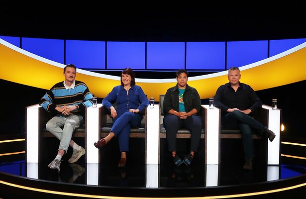 Bram Krikke, Ionica Smeets, Jaike Belfor en Wouter de Winther in De Slimste Mens: All Stars