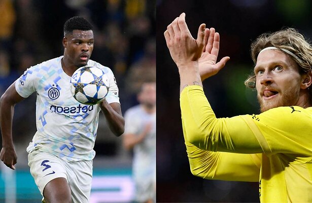 Denzel Dumfries (Inter) en Kasper Høgh (Bodø/Glimt)