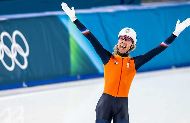 Jorrit Bergsma na het behalen van goud op de massastart