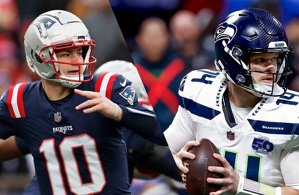 Drake Maye van New England Patriots en Sam Darnold van de Seattle Seahawks