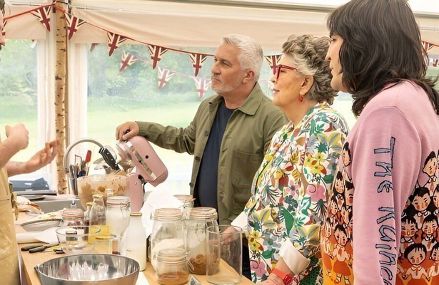 Noel Fielding, Prue Leith en Paul Hollywood in The Great British Bake Off