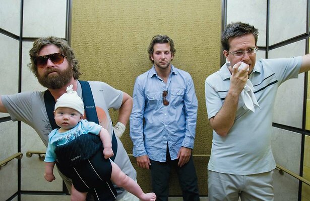 Zach Galifianakis, Bradley Cooper en Ed Helms in The Hangover