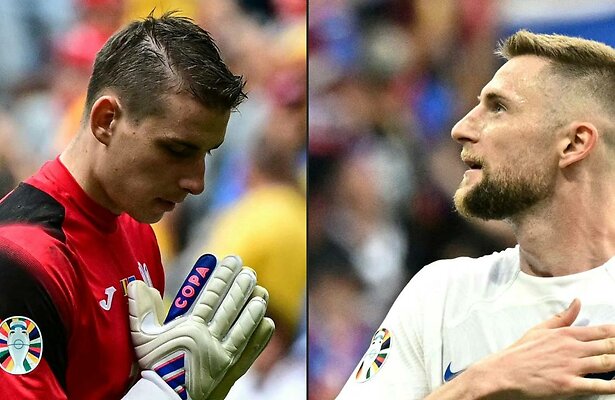 Andriy Lunin van Oekraïne en Milan Skriniar van Slowakije