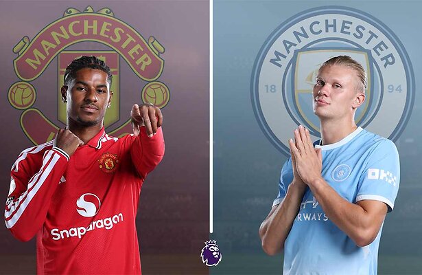 Marcus Rashford van Manchester United en Erling Haaland van Manchester City 