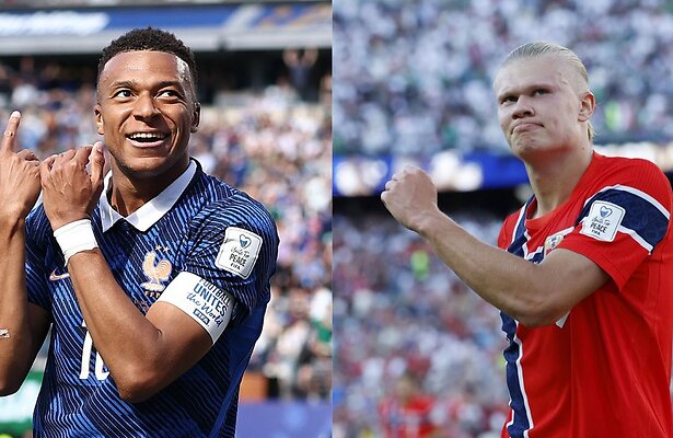 Kylian Mbappe van Frankrijk en Erling Haaland van Noorwegen