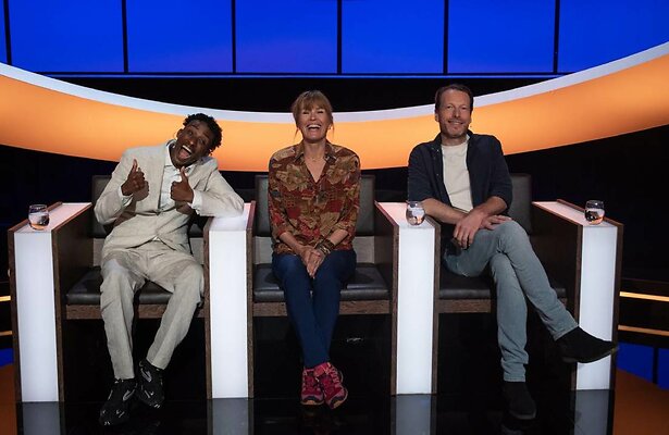 Herman van der Zandt met De Slimste Mens-concurrenten Appie en Fay