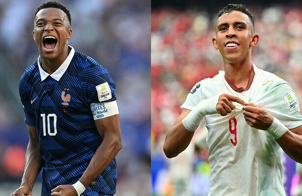 Kylian Mbappé van Frankrijk en Soufiane Rahimi van Marokko