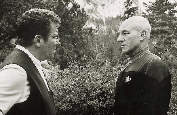 William Shatner als James T. Kirk en Patrick Stewart als Jean-Luc Picard