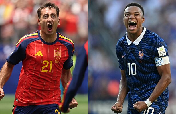 Mikel Oyarzabal van Spanje en Kylian Mbappé van Frankrijk