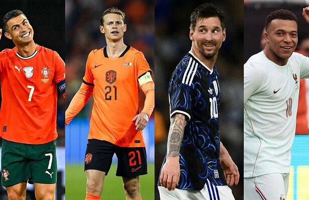 Cristiano Ronaldo, Frenkie de Jong, Lionel Messi en Kylian Mbappe