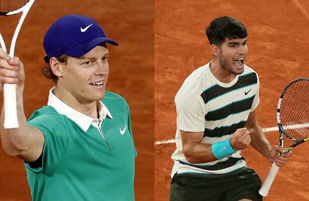 Jannik Sinner (links) en Carlos Alcaraz (rechts)